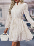 Long Sleeved Lace Jacquard Dress: Beige / M