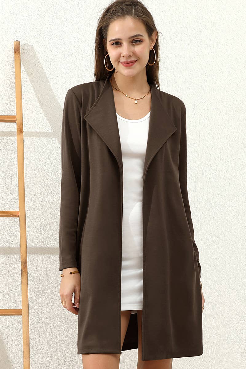CWOCO153_DRAPE OPEN FRONT OFFICE TRENCH JACKET BLAZER: BROWN / (L) 1