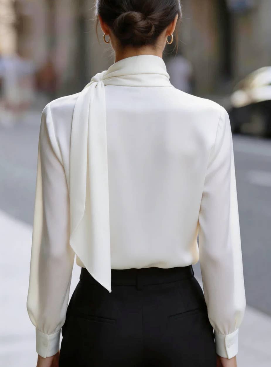 Scarf-Neck Draped Long Sleeve Blouse: White / S