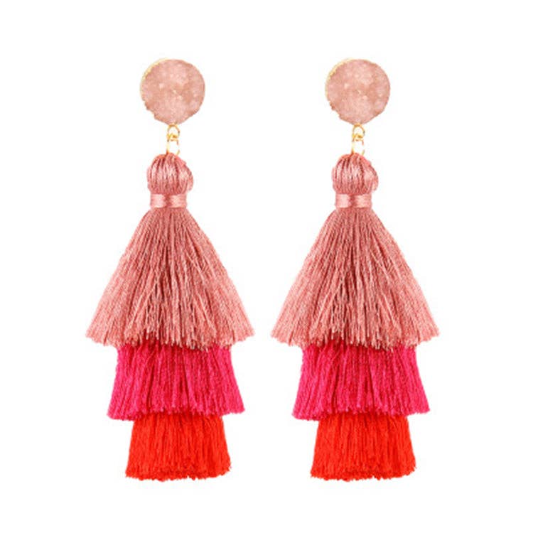 THREE LAYERED TASSEL EARRINGS: Red/Pink