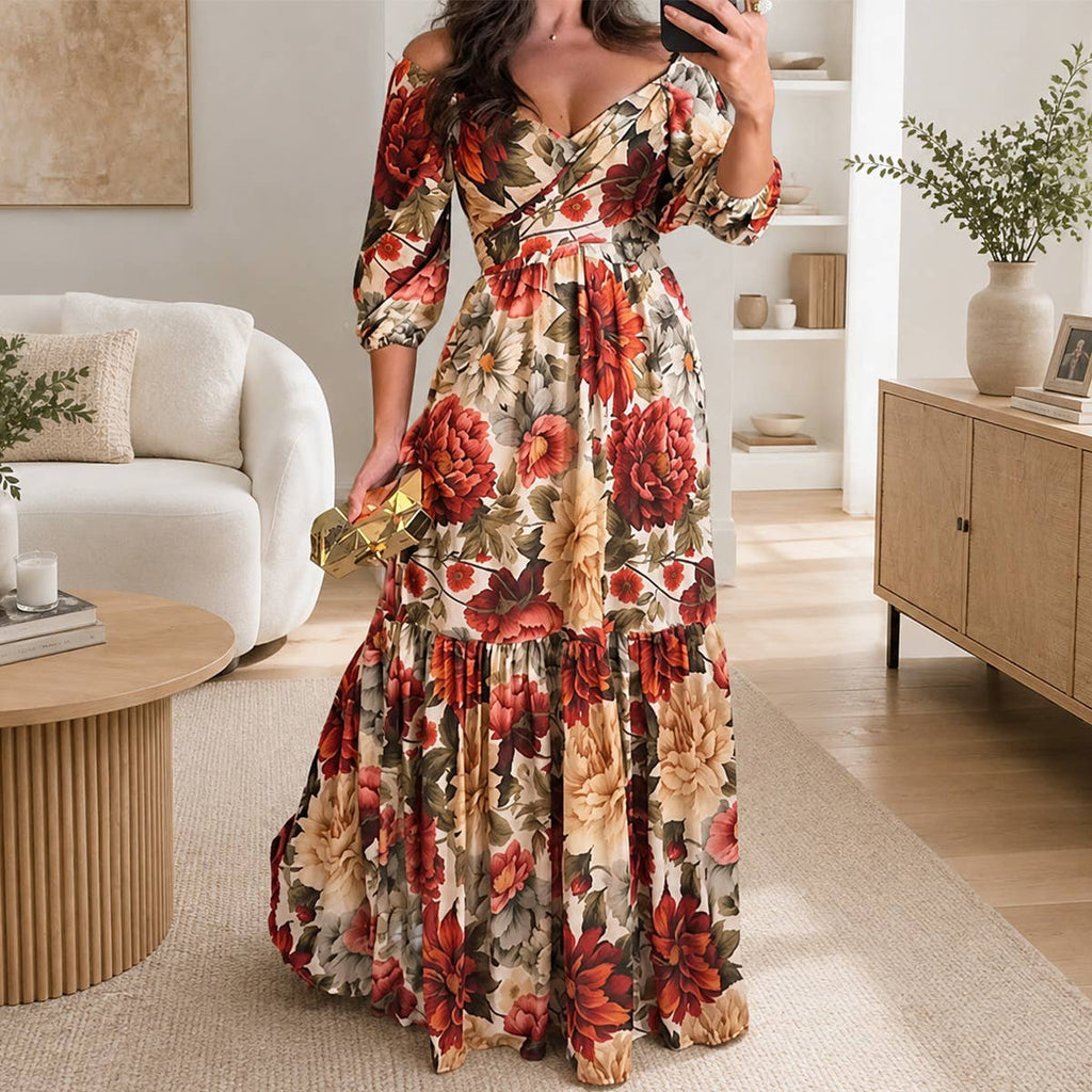 Elegant print V-neck long dress with wide skirt: Red / S