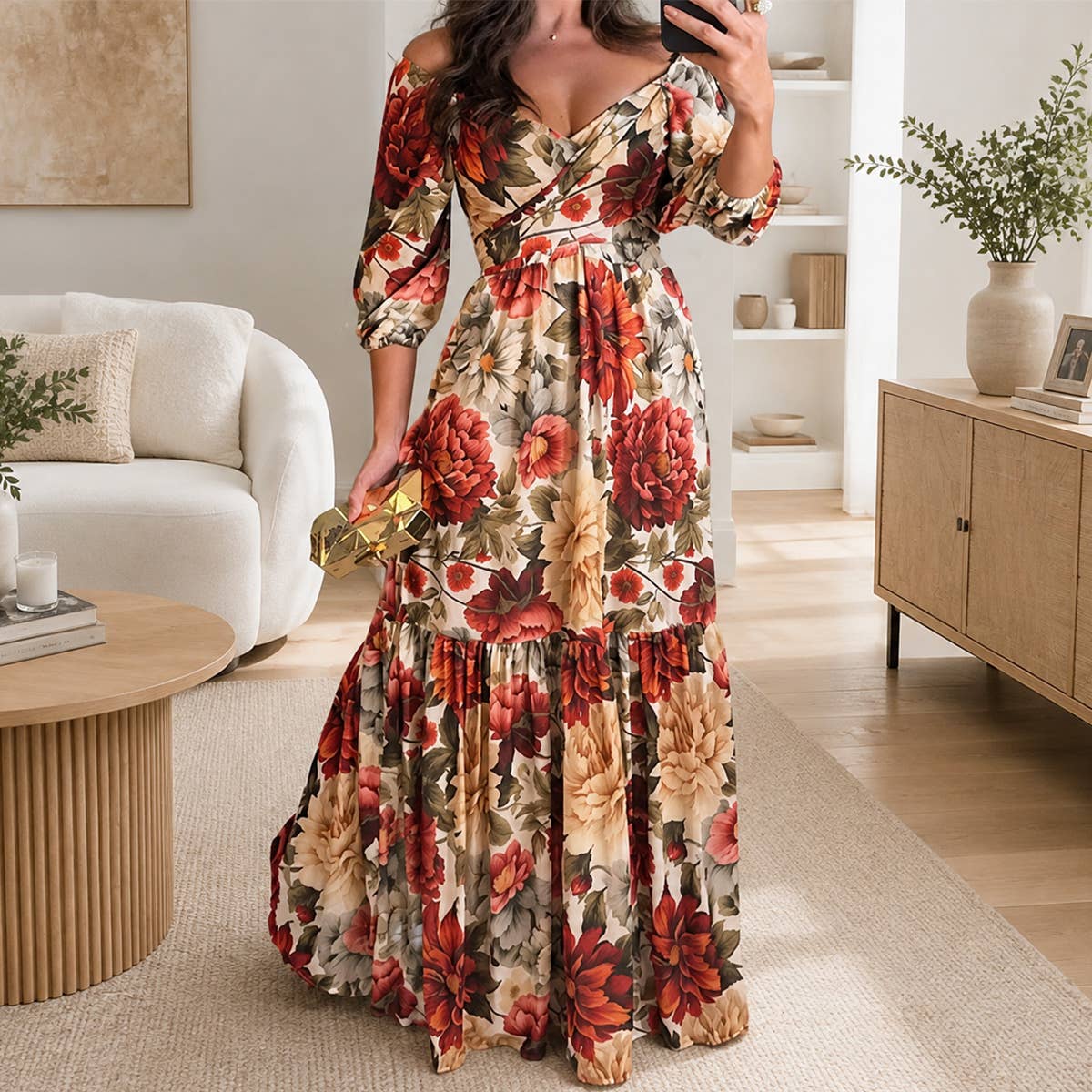 Elegant print V-neck long dress with wide skirt: Red / L