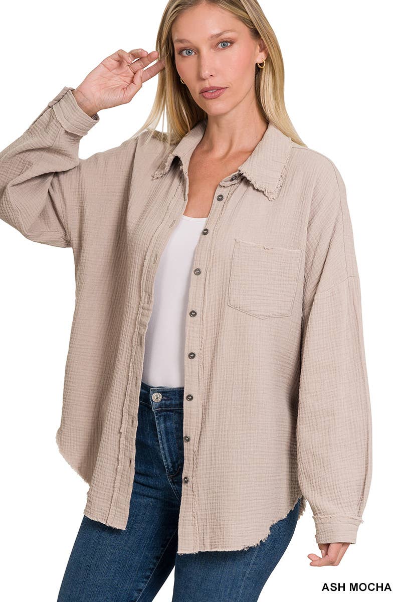 `Oversized Raw Edge Shirt W/ Back Patch Zenana: IVORY-147600 / L