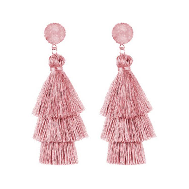 THREE LAYERED TASSEL EARRINGS: Red/Pink