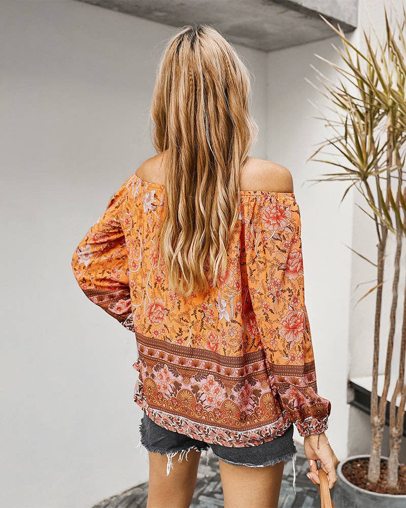 FLORAL LONG SLEEVE BLOUSE: Navy / S