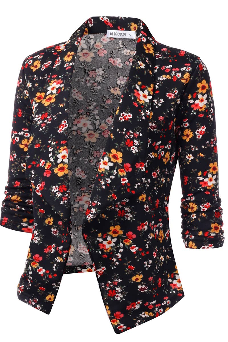 CWOBL091_Casual Work Ruched 3/4 Slv Open Front Blazer Jacket: STONE / (S) 1