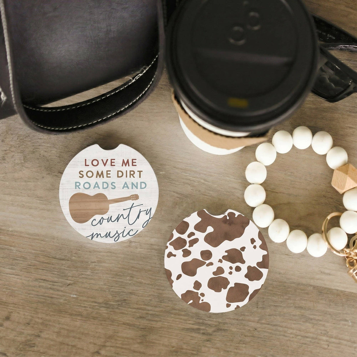 Country Music Cow Print Farmhouse Car Coaster Set