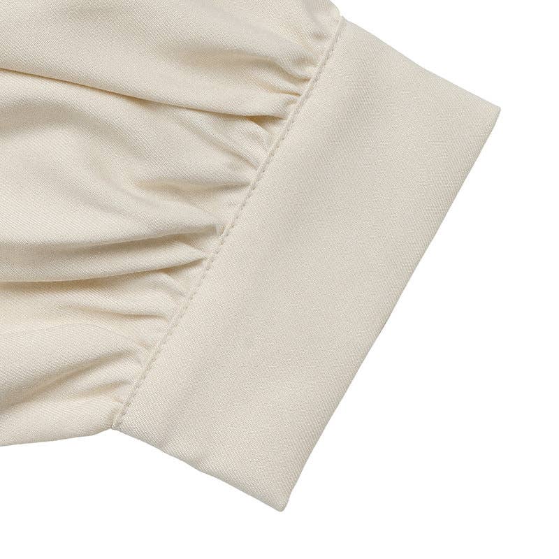 Women's Balloon Sleeve Contrast Trim Button Down Blouse: Beige / 97% Polyester+3% Elastane / S