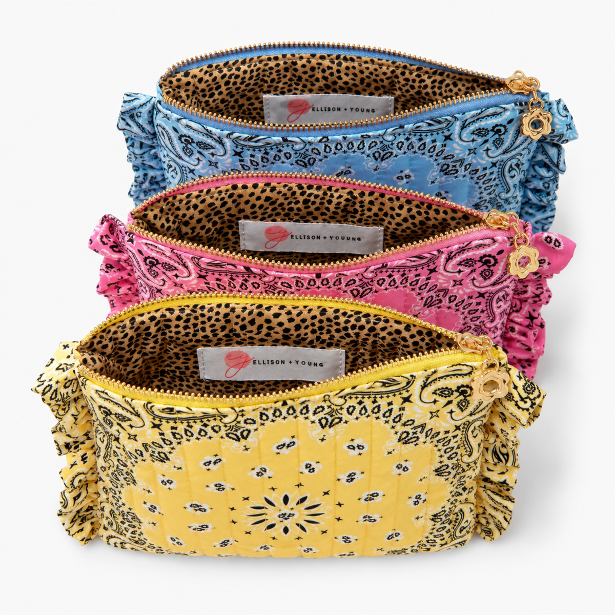Ellison+Young Bandana Ruffle Everything Pouch, Quilted Cosmetic Case: Butter Yellow