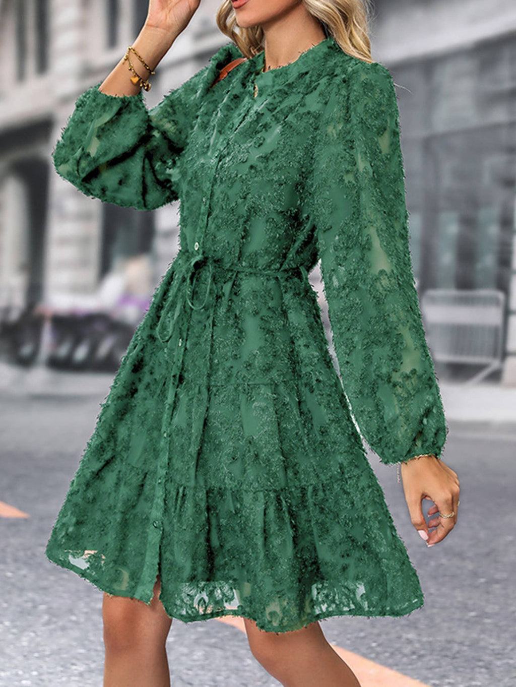 Long Sleeved Lace Jacquard Dress: Beige / M