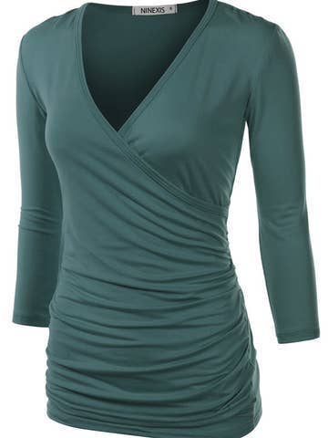 3/4 Sleeve Tank Tops Deep V-Neck Surplice Wrap: Black / (S) 1
