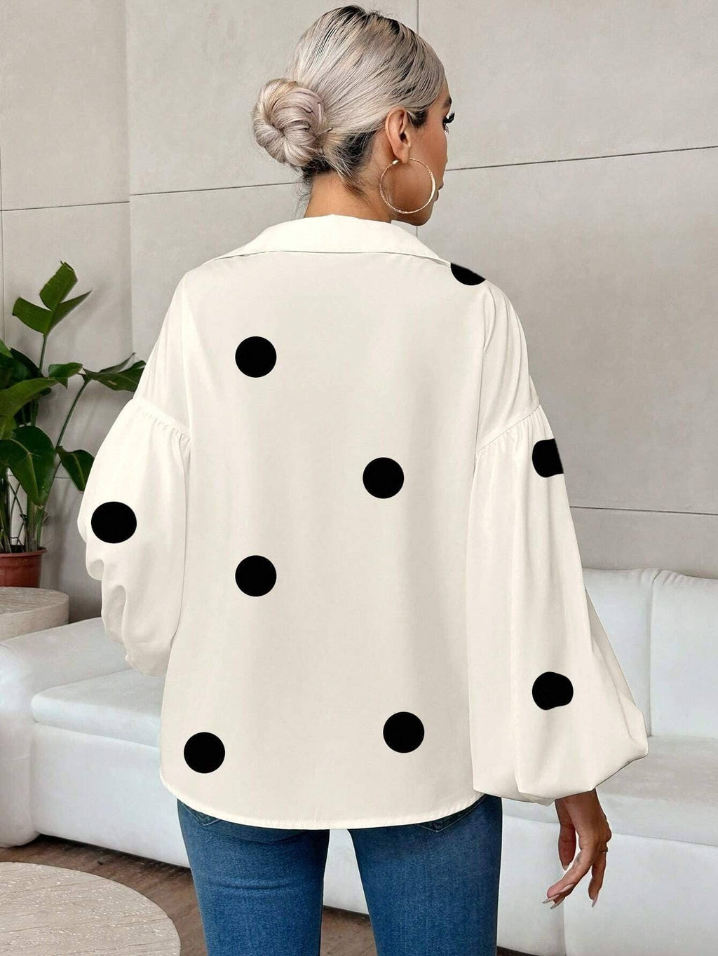 French Polka Dot Half-Open Collar Puff Sleeve Top: Black / 100% Polyester / S