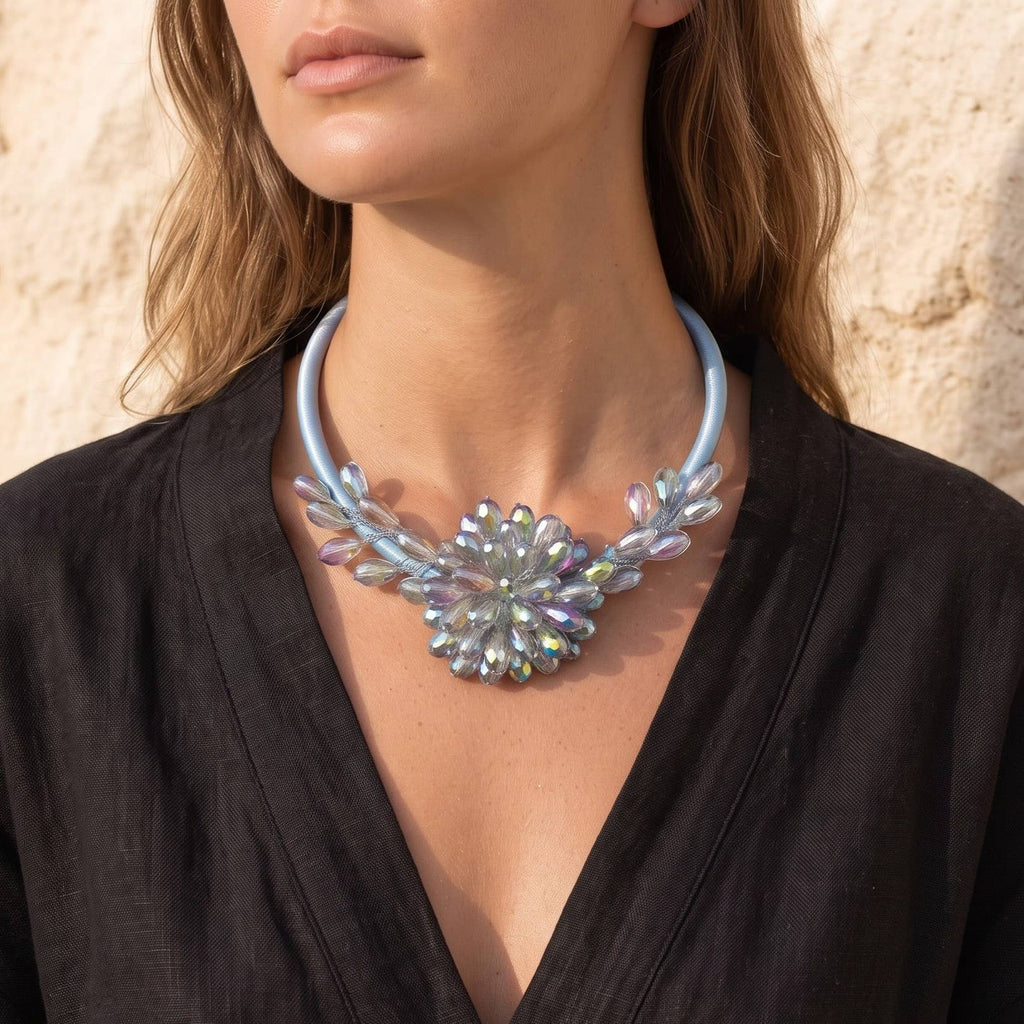 Chunky Blue Boho Flower Collar Statement Choker Necklace