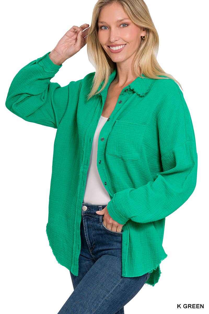 `Oversized Raw Edge Shirt W/ Back Patch Zenana: IVORY-147600 / XL