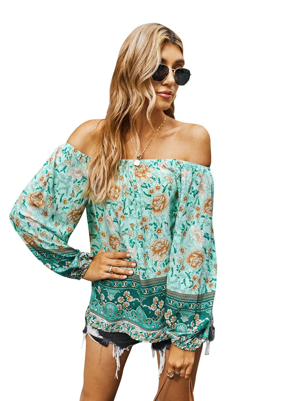 FLORAL LONG SLEEVE BLOUSE: Navy / XL