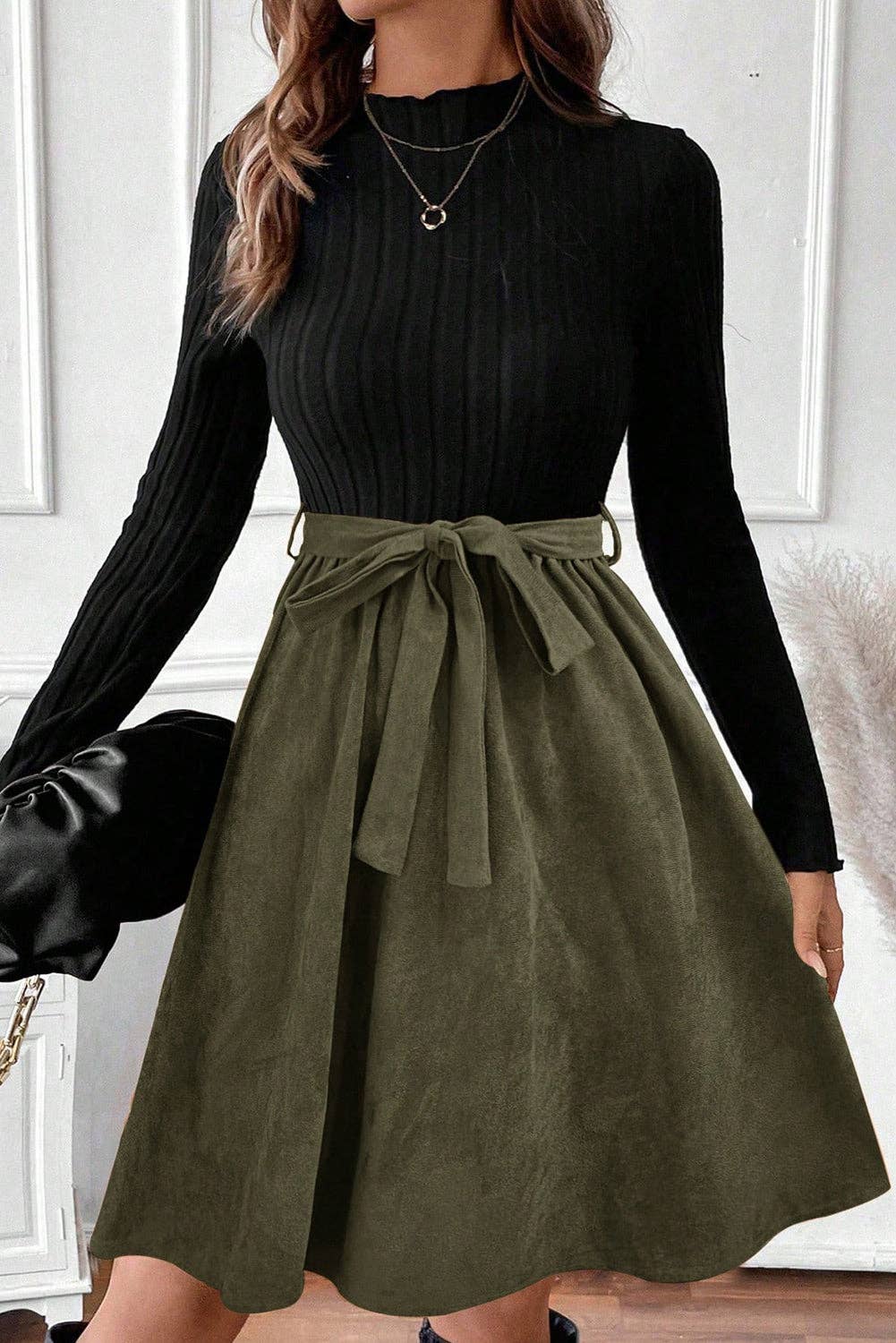 Black Ribbed Knit Slim Bodice Contrast Flared Skirt Patchwork Belted Dress: Black / 95%Polyester+5%Elastane / XL