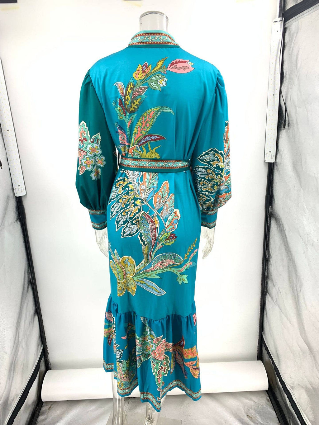 VINTAGE PRINT DRESS WITH LAPEL LANTERN SLEEVES: PEACOCKGREEN / (L) 1