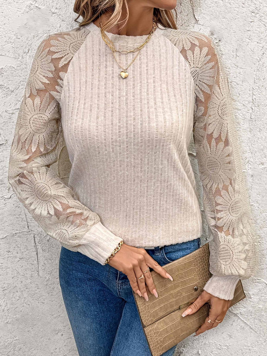 Lace Patchwork Long Sleeved Top: Beige / XL