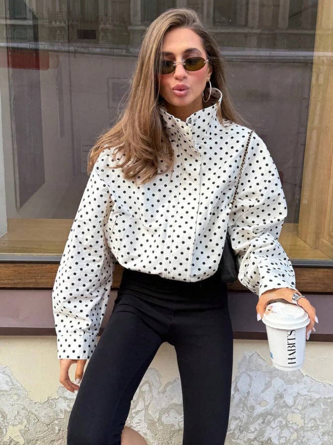 Polka Dot Woven Jacket Trendy Zip Up Stand Collar: White / 100%Polyester / S