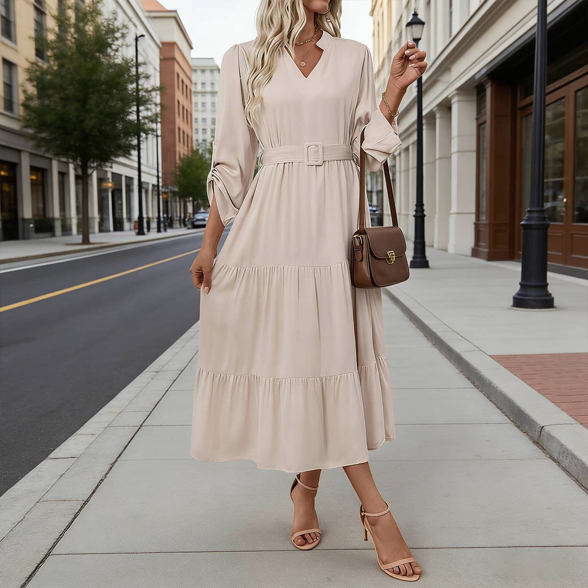 Casual,simple elegant stand-up collar long dress: APRICOT / (M) 1