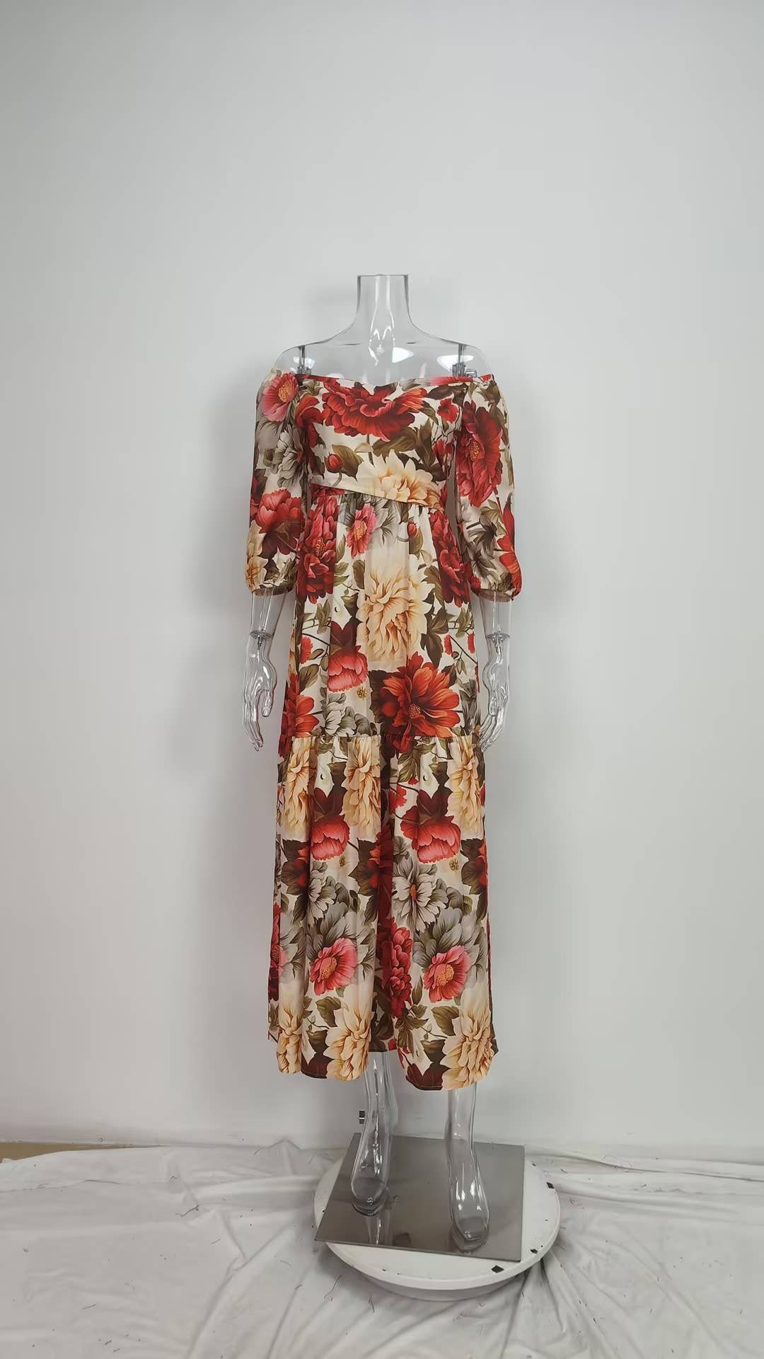 Elegant print V-neck long dress with wide skirt: Red / L