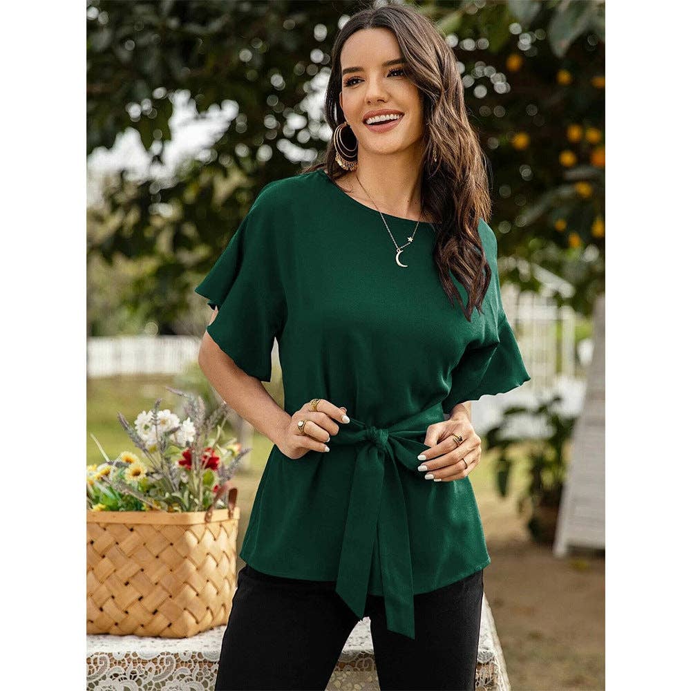 Women's Front Tie Crew Neck Blouse: Green / Large