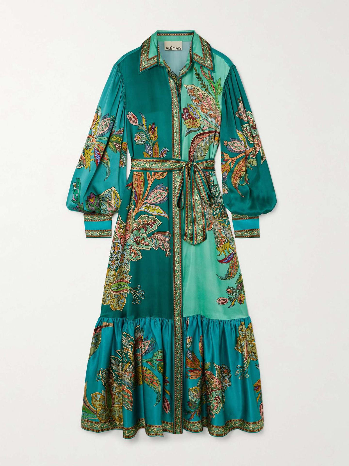 VINTAGE PRINT DRESS WITH LAPEL LANTERN SLEEVES: PEACOCKGREEN / (M) 1