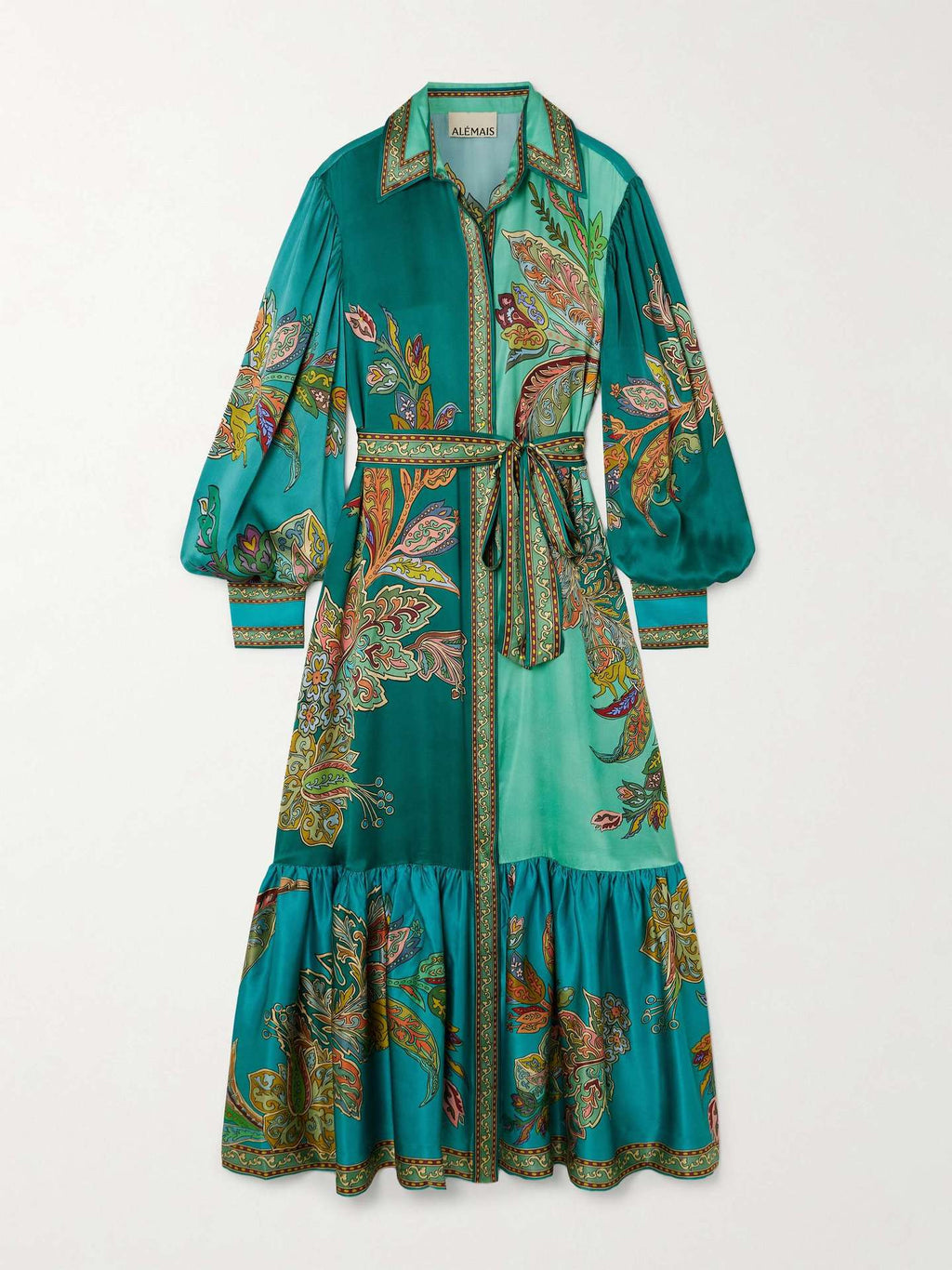 VINTAGE PRINT DRESS WITH LAPEL LANTERN SLEEVES: PEACOCKGREEN / (XL) 1