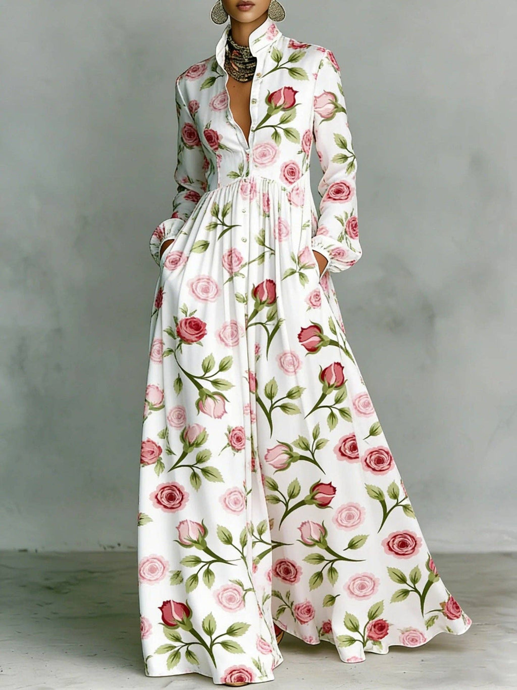 Vintage Floral Maxi Dress Long Sleeve Button Down Pockets: Brown / 100%Polyester / S