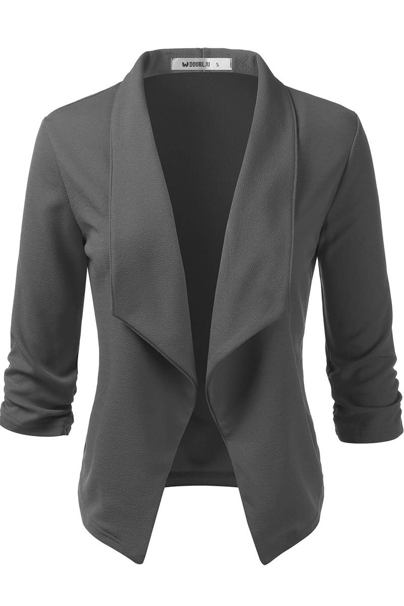 CWOBL091_Casual Work Ruched 3/4 Slv Open Front Blazer Jacket: MOCHA / (L) 1