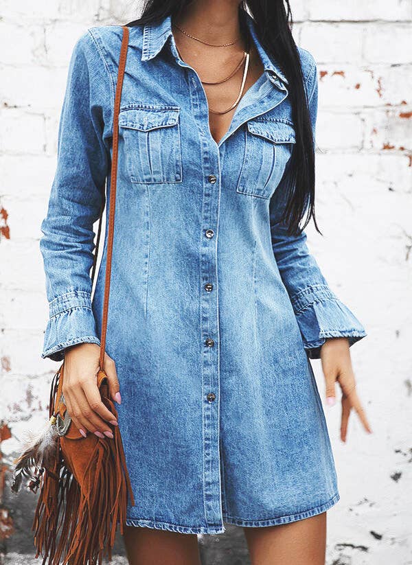 Vintage Denim Shirt Dress Long Sleeve Slim Fit Women: Blue / 90% Cotton+10% Polyester / S