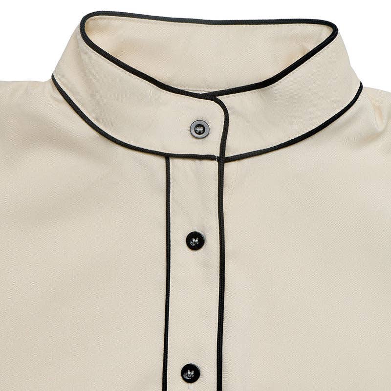 Women's Balloon Sleeve Contrast Trim Button Down Blouse: Beige / 97% Polyester+3% Elastane / S