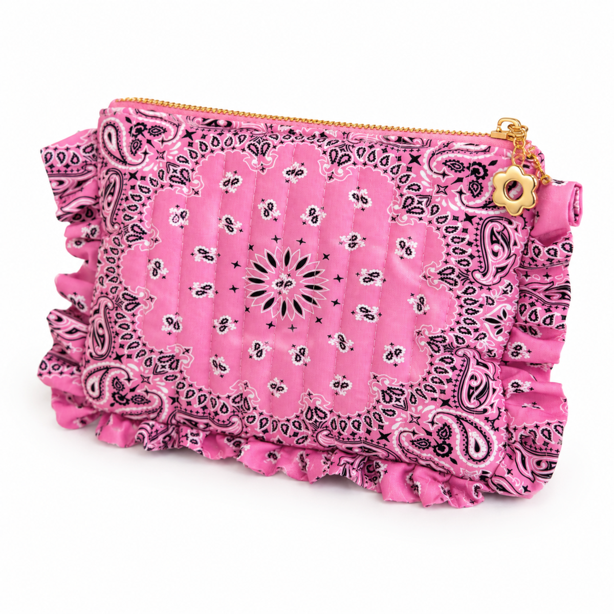 Ellison+Young Bandana Ruffle Everything Pouch, Quilted Cosmetic Case: Indie Pink
