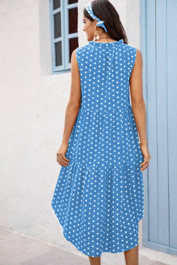 POLKA DOT RUFFLE HEM MIDI DRESS: Blue / S