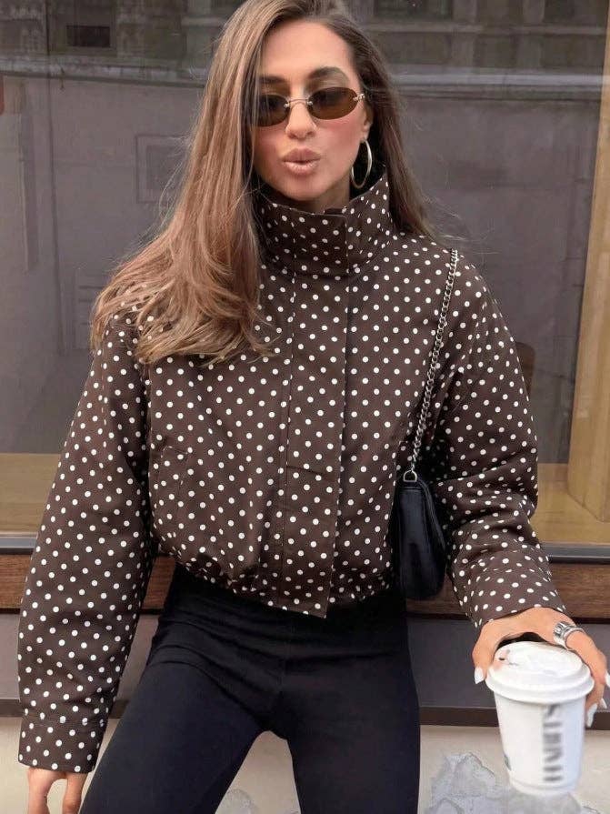 Polka Dot Woven Jacket Trendy Zip Up Stand Collar: White / 100%Polyester / S