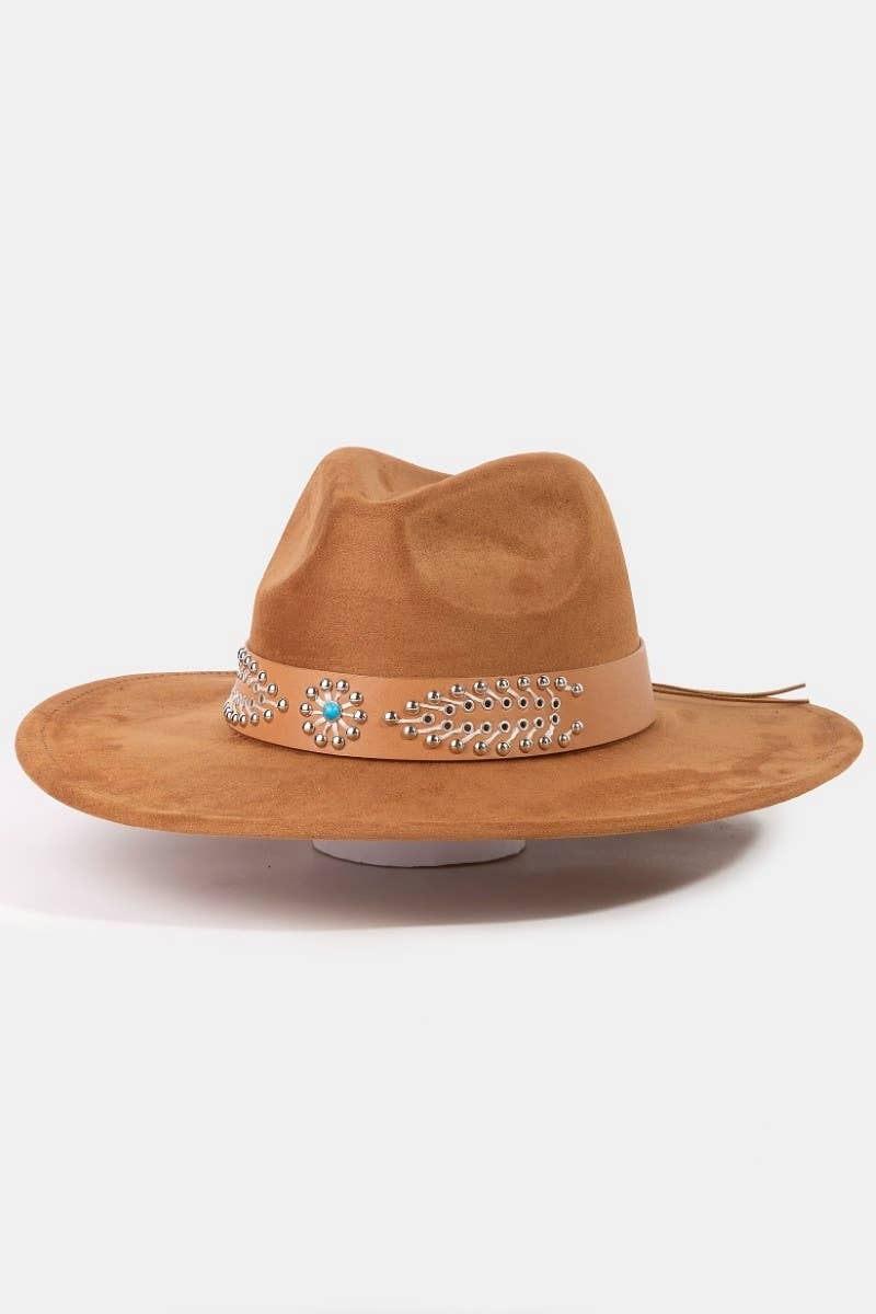 Western Studded Strap Faux Suede Fedora Hat: IV