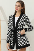 CWOCAL532_LONG SLEEVE SHORT ROVE CARDIGAN WITH POCKETS: BLACKWHITEPLAID / (S) 1