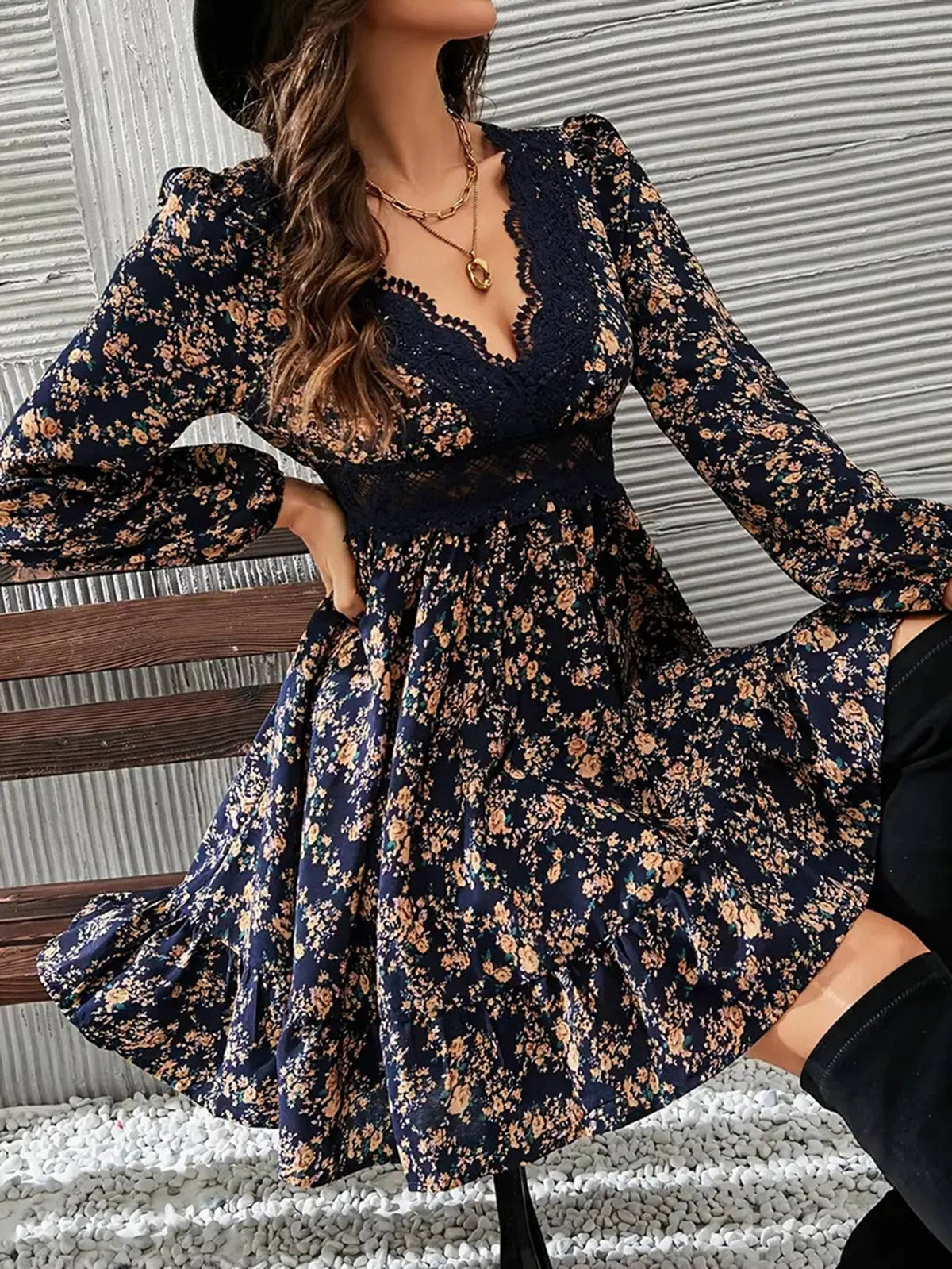 Collared Printed Long Sleeve Tie Waist Slit Dress: Black / M