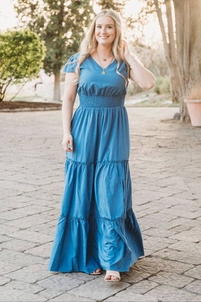 Annabelle Polka Dot  Split Maxi Dress: Light Blue / Medium