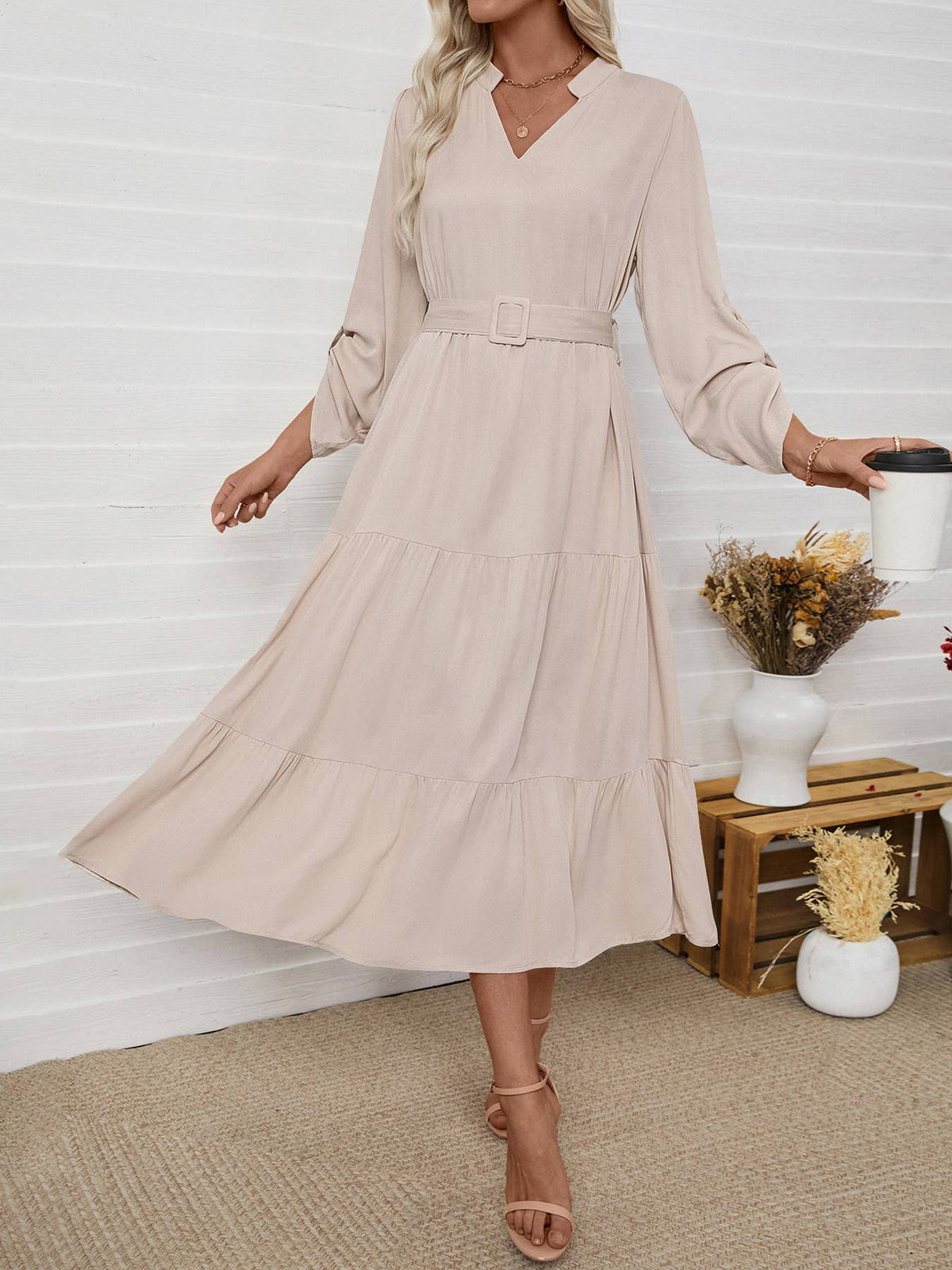 Casual,simple elegant stand-up collar long dress: APRICOT / (L) 1