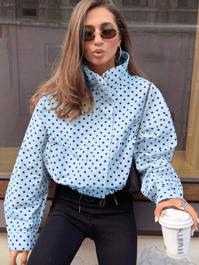 Polka Dot Woven Jacket Trendy Zip Up Stand Collar: White / 100%Polyester / S