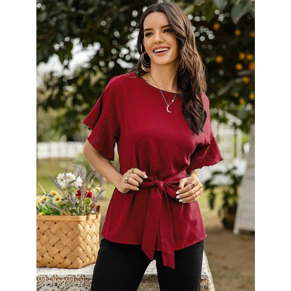 Women's Front Tie Crew Neck Blouse: Green / Large