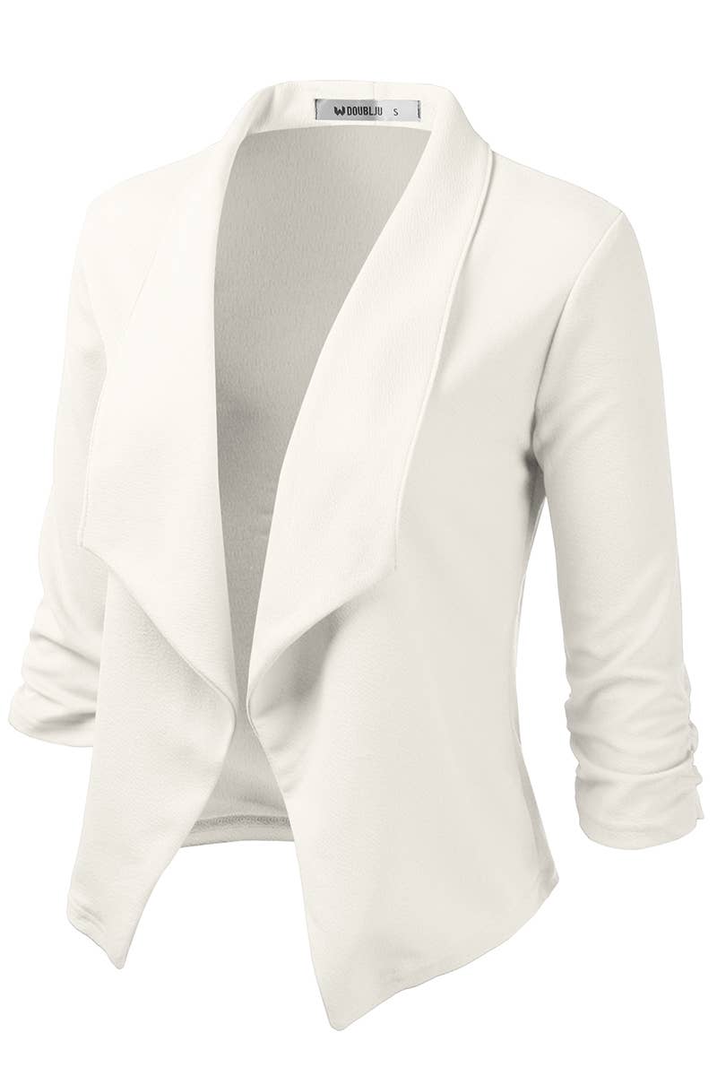 CWOBL091_Casual Work Ruched 3/4 Slv Open Front Blazer Jacket: STONE / (XL) 1