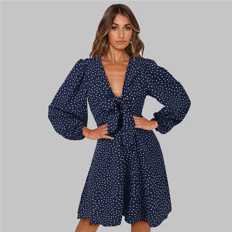 Tie Front Polka Dot Mini Dress: Black / Small