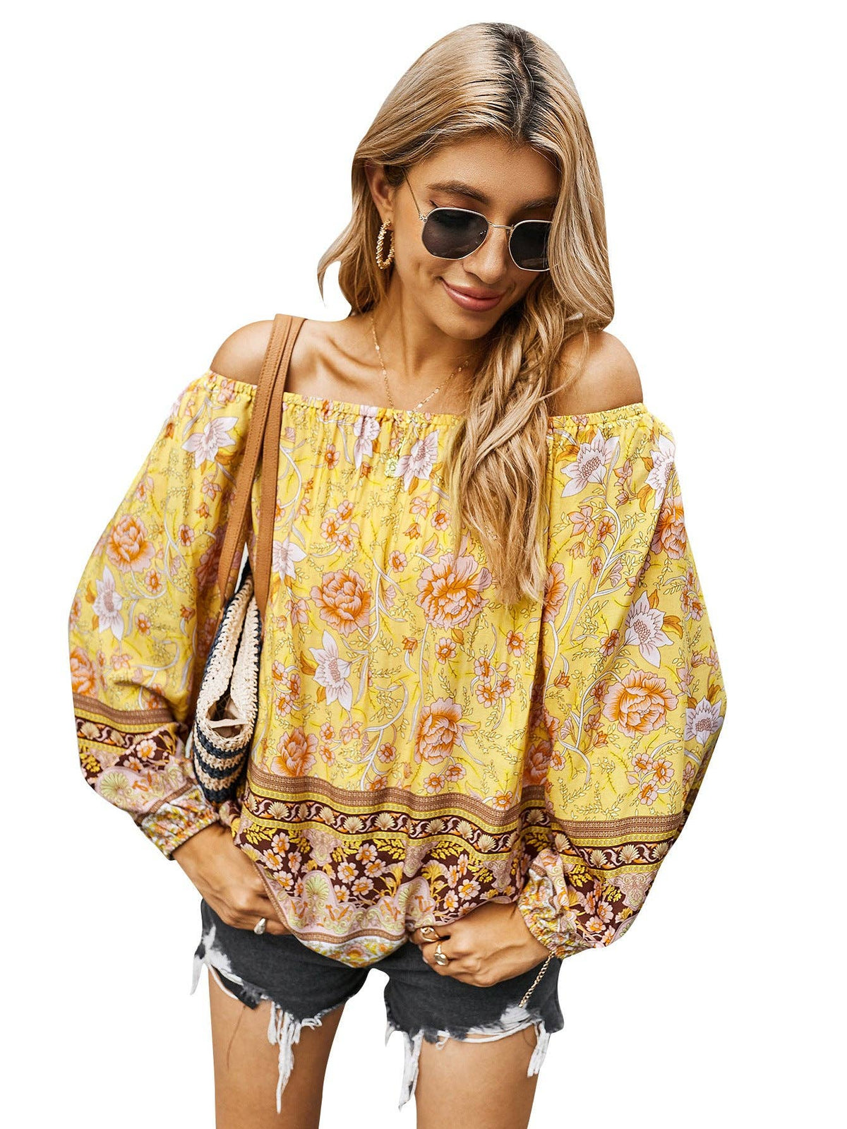 FLORAL LONG SLEEVE BLOUSE: Navy / XL