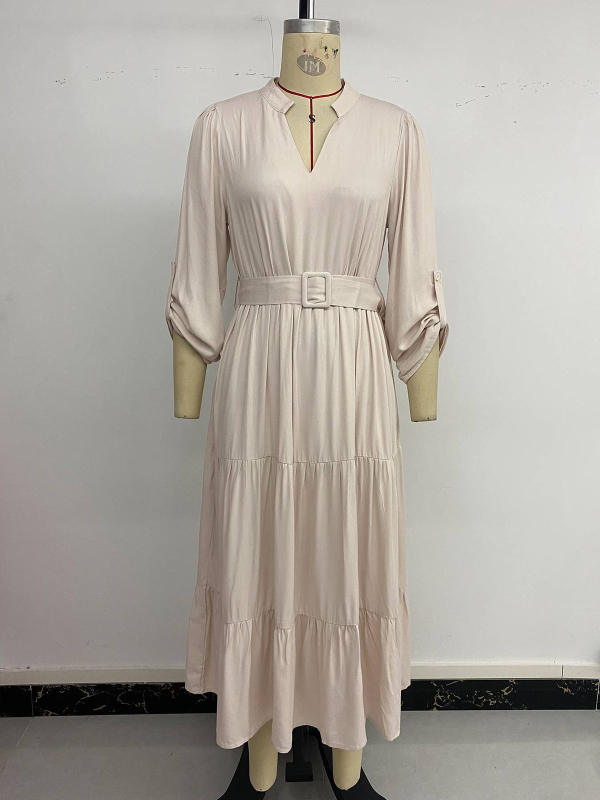 Casual,simple elegant stand-up collar long dress: APRICOT / (M) 1