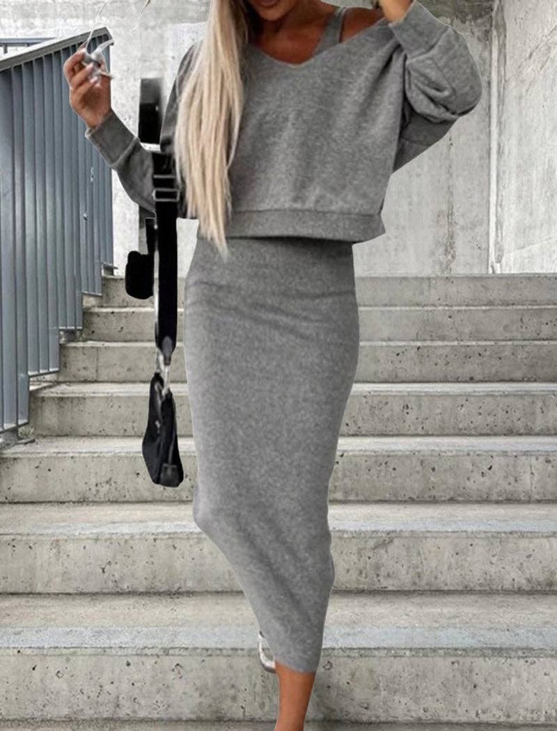 Hooded V-Neck Top and Sleeveless Midi Dress Set: GREY / S
