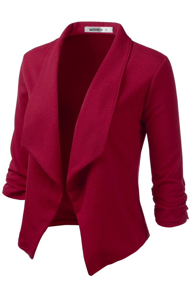 CWOBL091_Casual Work Ruched 3/4 Slv Open Front Blazer Jacket: STONE / (S) 1