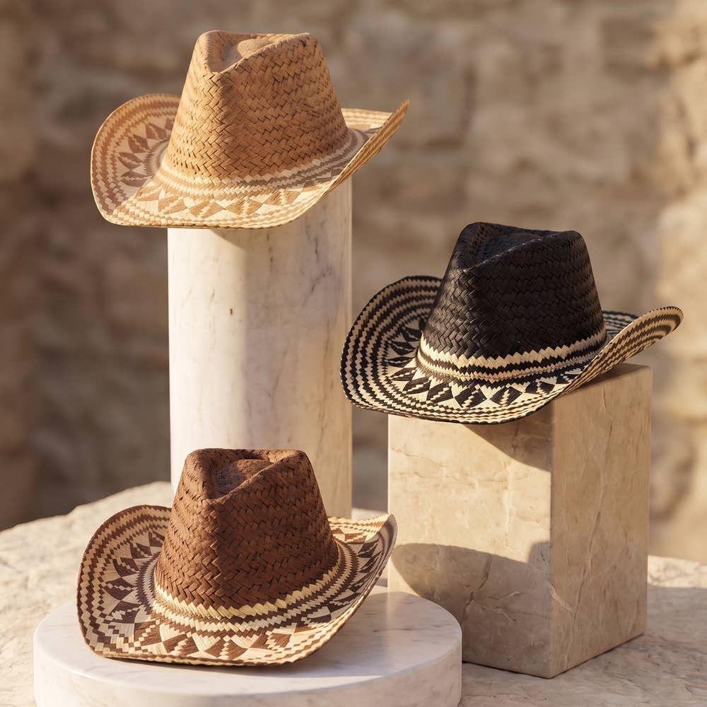 Aztec Patterned Brim Two Tone Straw Cowboy Hat: BR