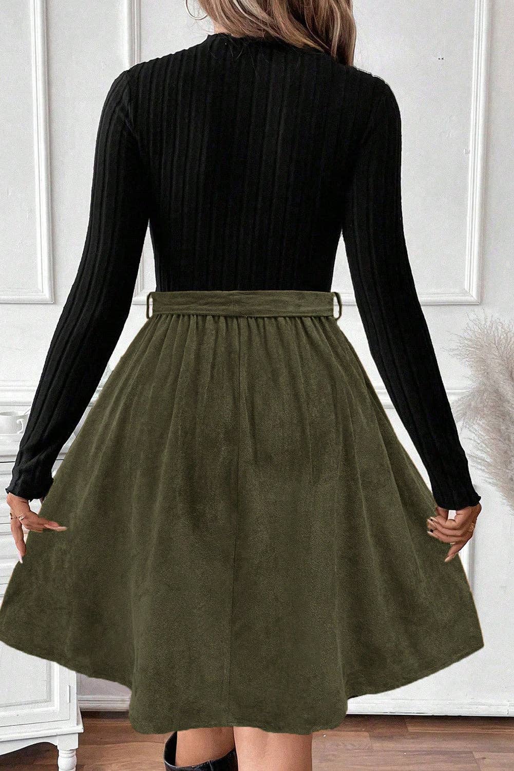 Black Ribbed Knit Slim Bodice Contrast Flared Skirt Patchwork Belted Dress: Black / 95%Polyester+5%Elastane / M